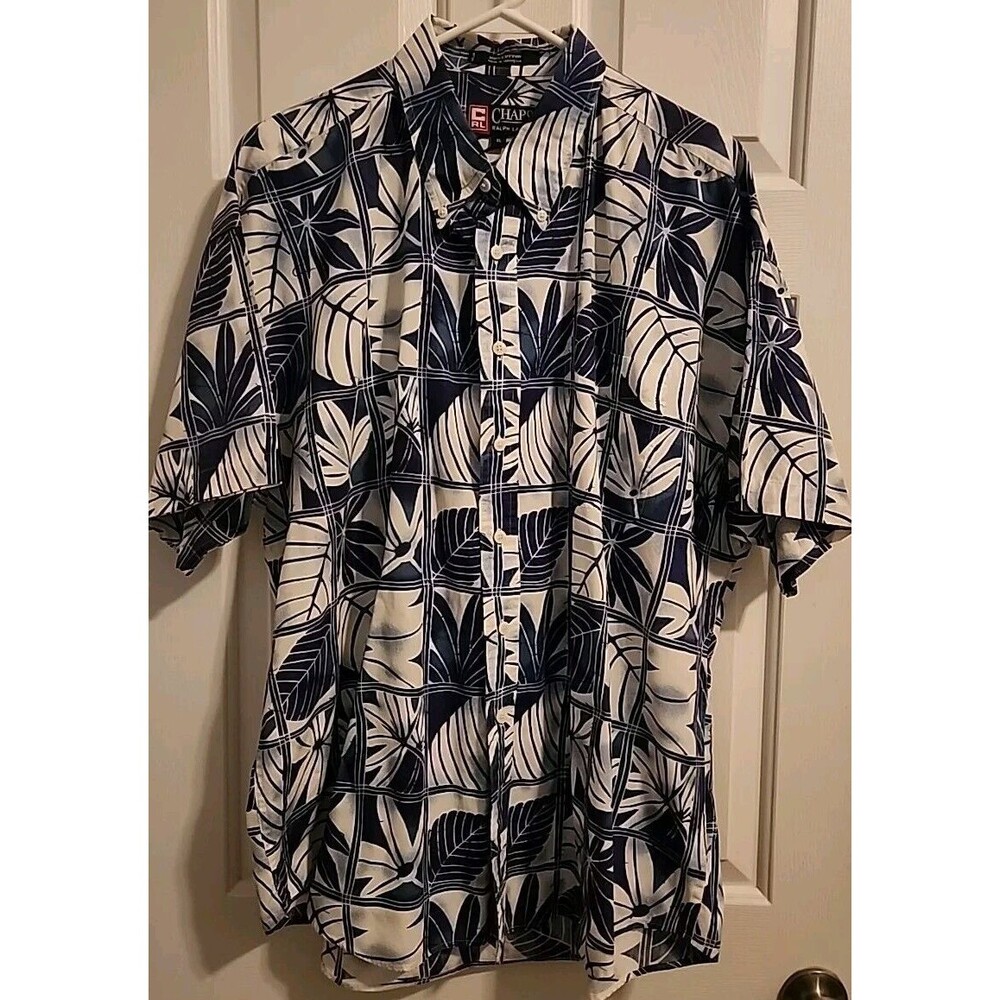 Chaps Ralph Lauren Mens XL Button Up Hawaiian Shirt Blue White Short Sleeve